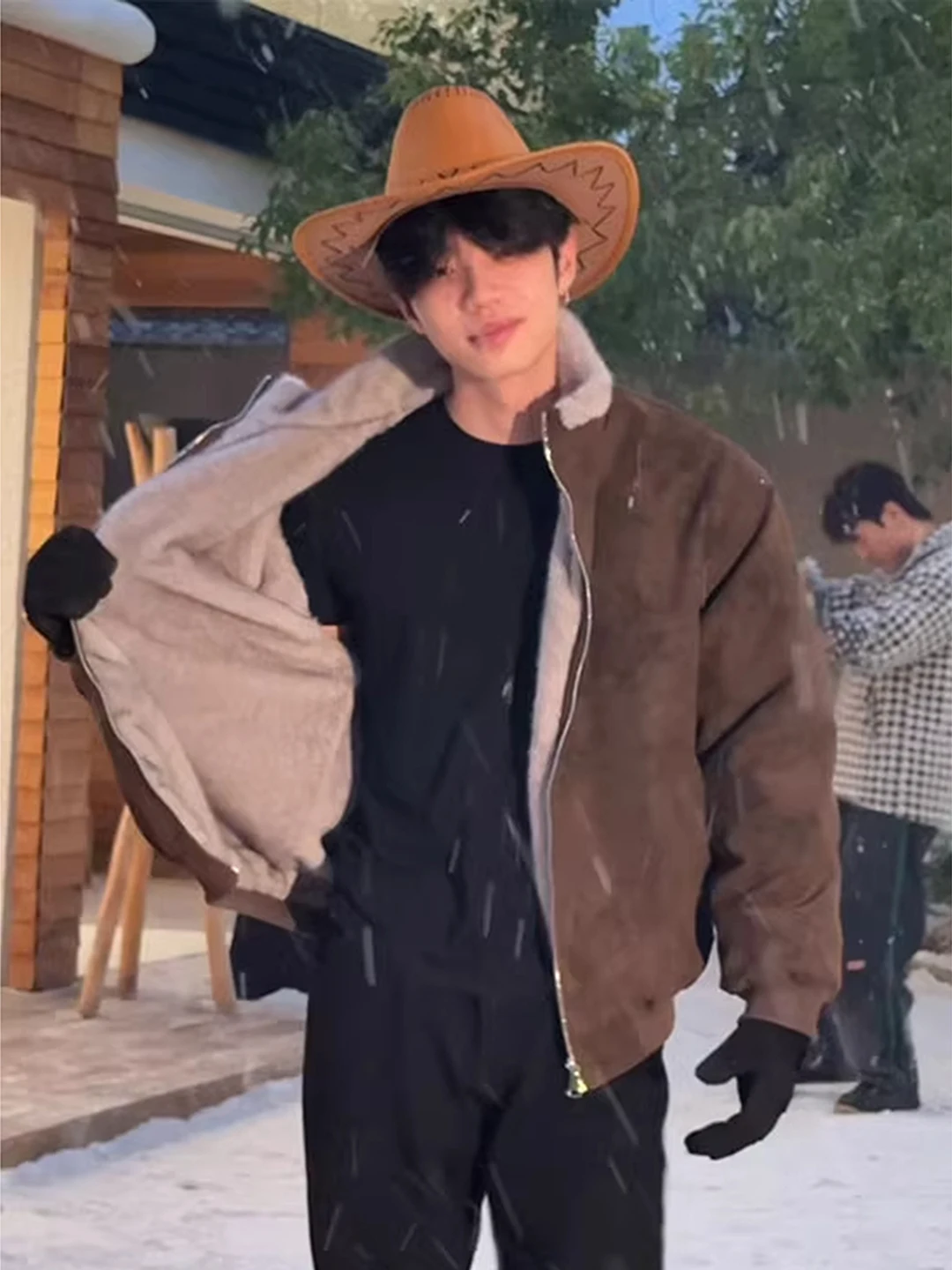 

Thickened Fleece Lined Winter Jacket Men's PU Leather Short Coat Warm Cotton Shirt Stand Collar Mountain Eagle Pattern