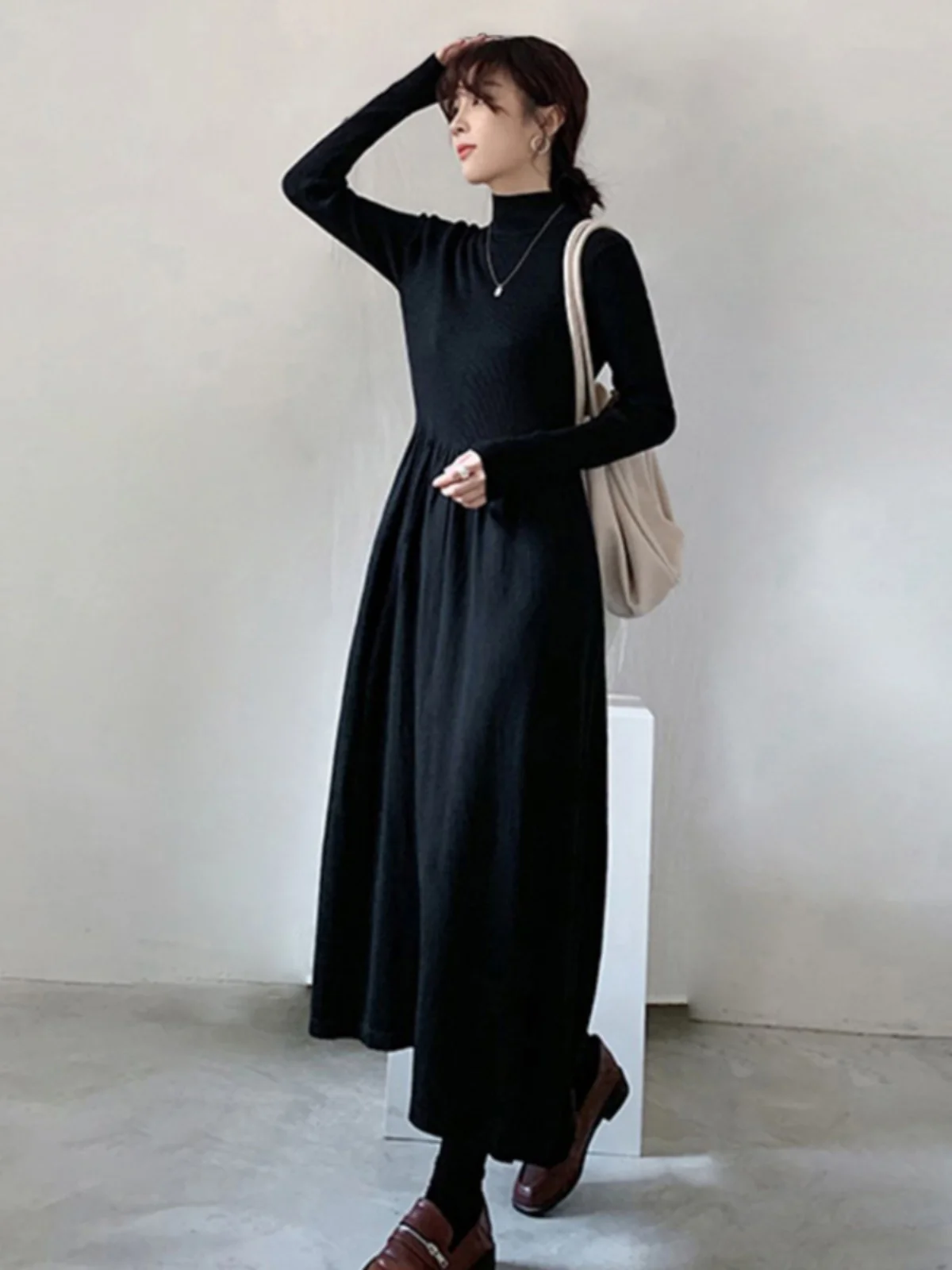 

plus Size Autumn Winter Lazy Sle Knitted Dr Long Skirt Inner Wear High Ne Base Layer Dr A-Line ape Cotton Blend