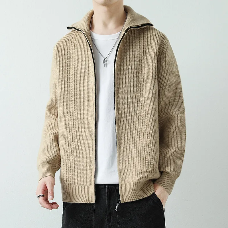

Мужской вязаный свитер с воротником на молнии, приталенный, цветной кардиган, повседневная верхняя одежда, модный, весна-осень, премиум-класс