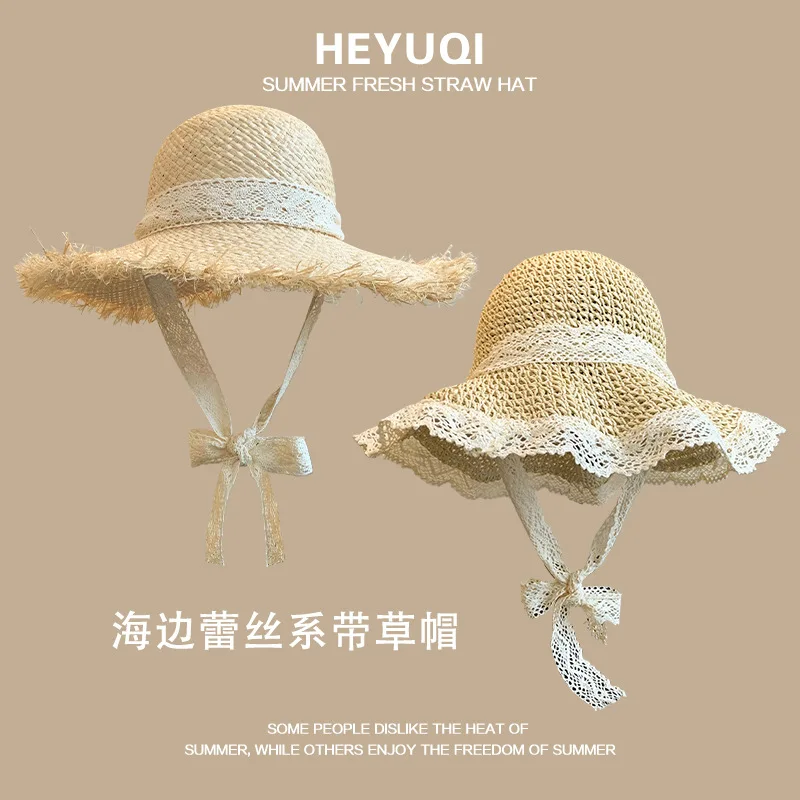Custom French Lace Raffia Straw Hat Women Summer Beach New Large Brim Sunshade Vacation Hat Hollow Beach Hat