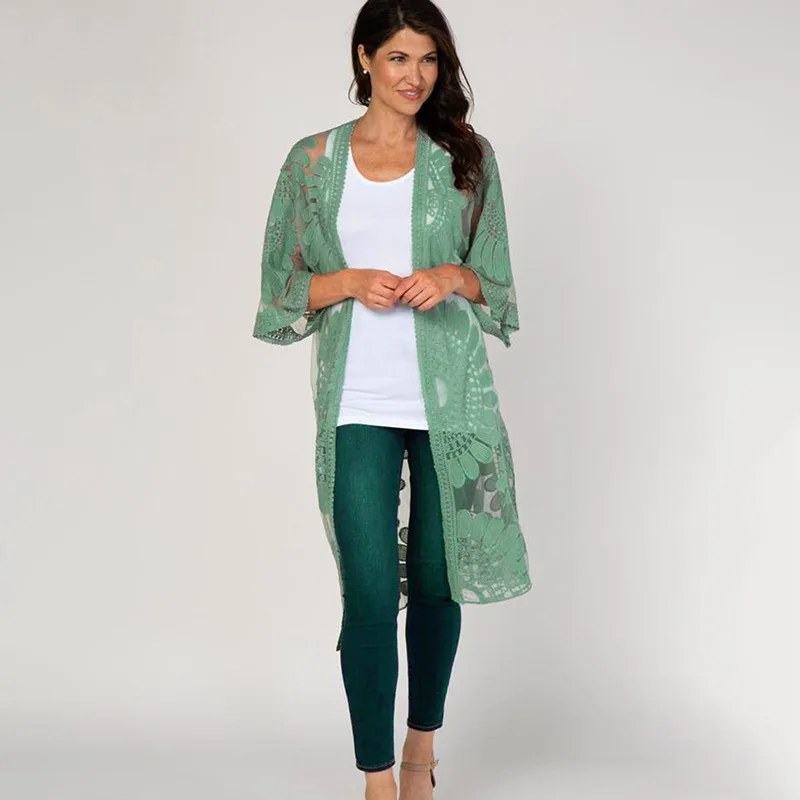 FORERUN – Cardigan Long en maille avec dentelle pour femmes, Kimono de plage, transparent, à motif de soleil et de fleur, pour les maillots de bain