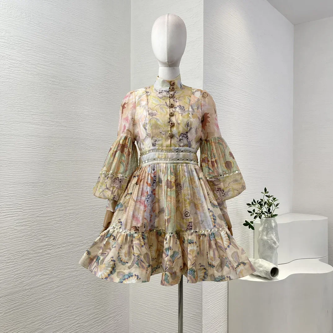 Linen Silk High Quality 2025 New Floral Print Vintage Sequins Full Lantern Sleeve Pleats Ruched Women Mini Dress