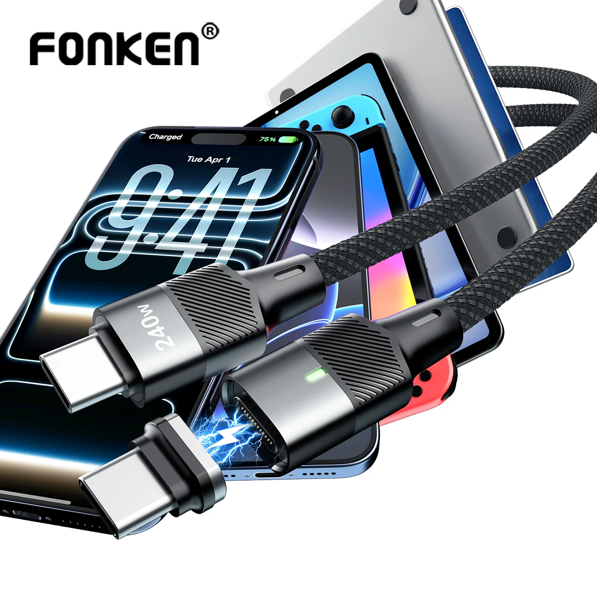 240W 48V5A Magnetic USB-C Cable Fast Charge Magnetic Plug High Speed Data Sync Dual Use Type C Charger Wire for iphone Samsung