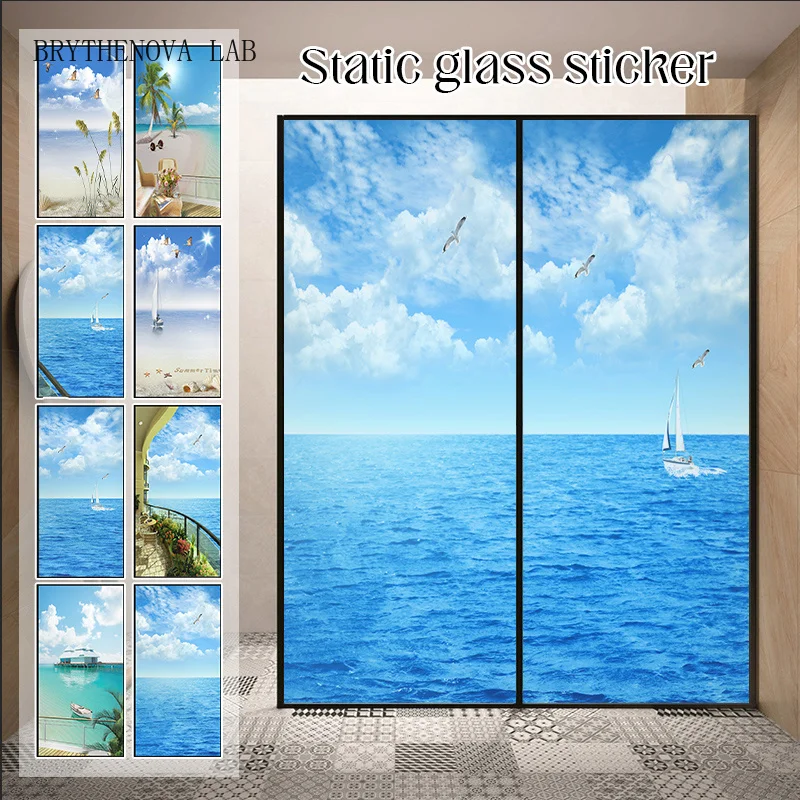 Privacy Window Film Seaside Scenery Printed Glass Stickers Clings Static Vinyl Decals Home Room Decor Window Tint