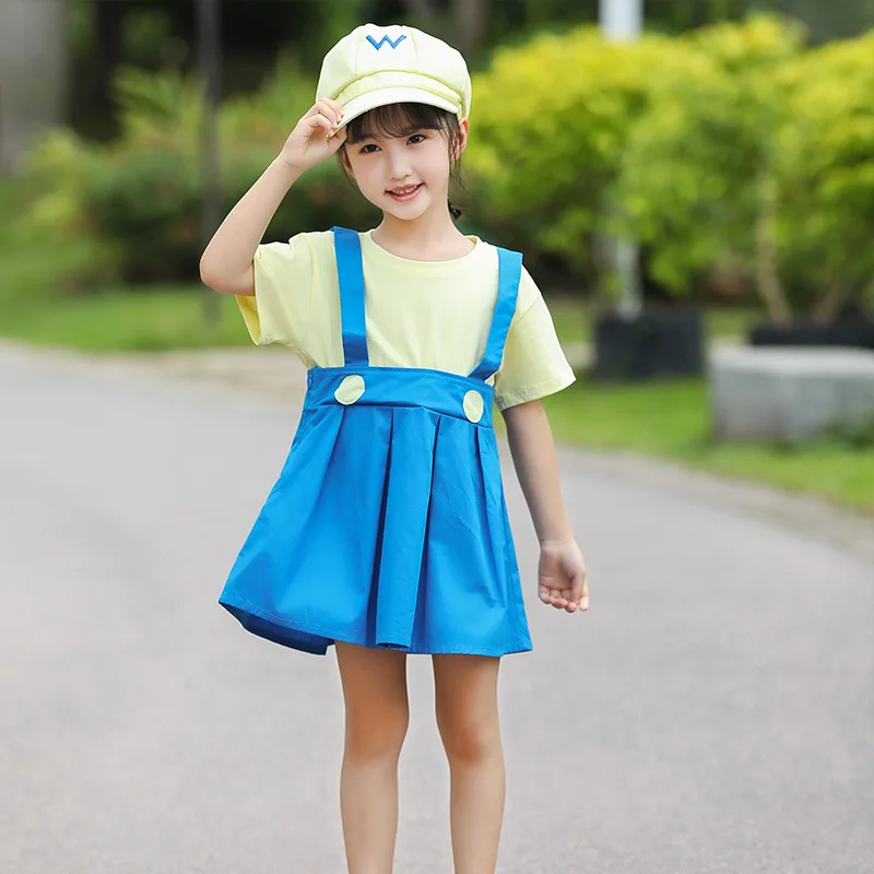 Super Marios Bros Cosplay Costumes with Suit Anime Figure Wario Boys and Girls Children's Summer Short Sleeved Shorts Dress Set