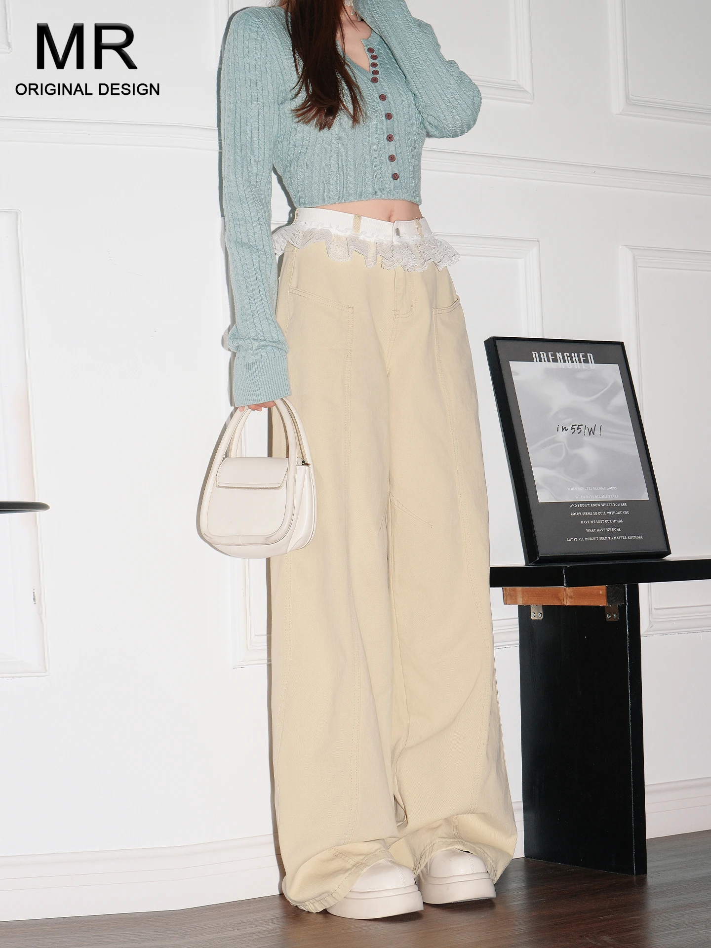 

Женские джинсы прямого кроя в американском ретро-стиле цвета хаки, свободные, с кружевной отделкой, широкие брюки, повседневные, с высокой талией, из денима, новинка весны