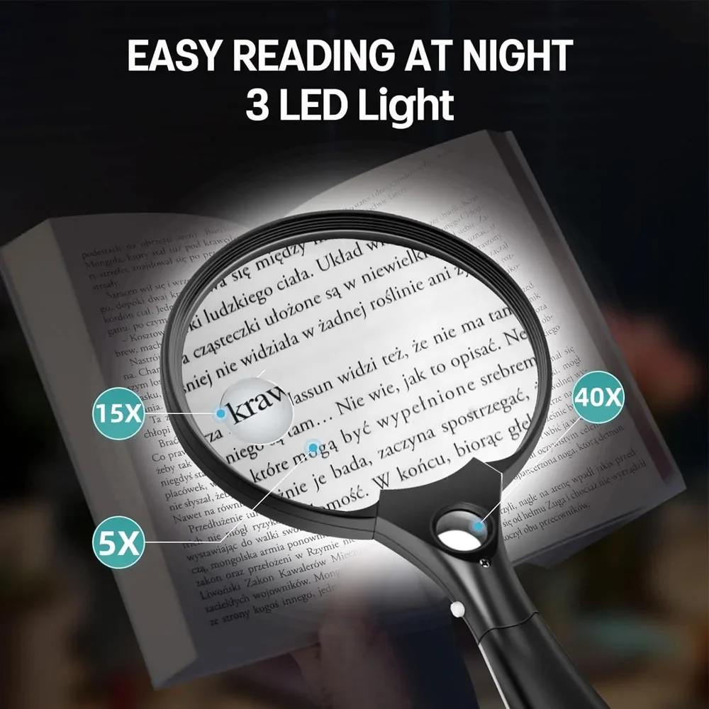 Lupa de mano grande con 3 luces LED para personas mayores, lectura e inspección, 2X, 4X, 25X, 137MM