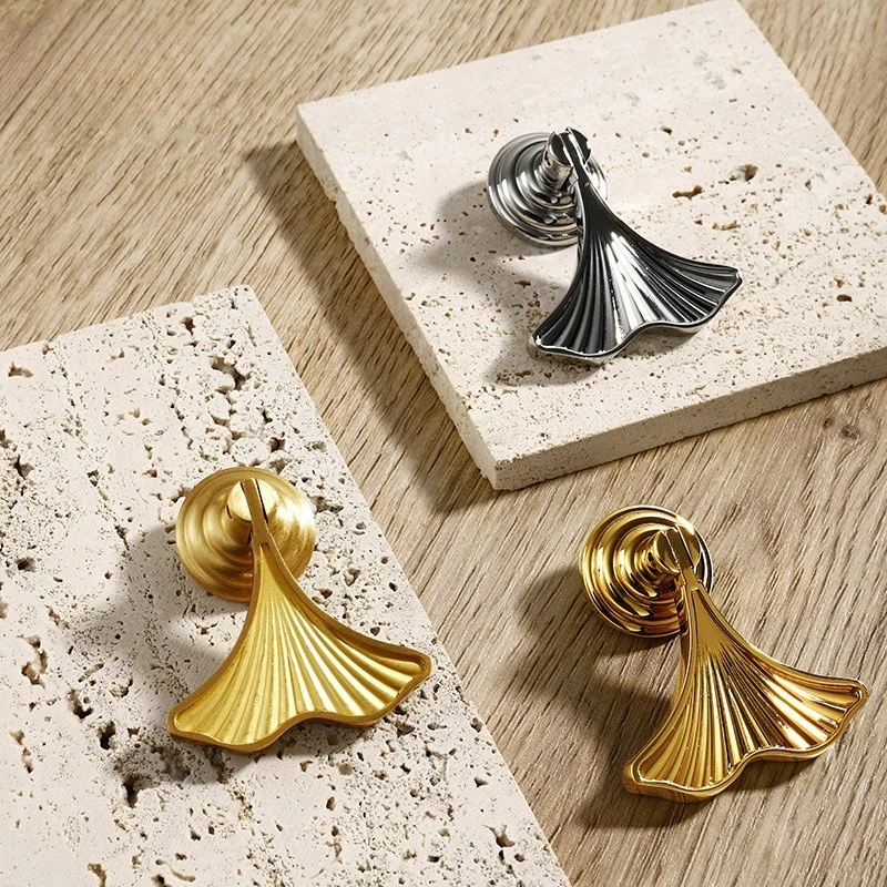 Ginkgo Leaf Brass Cabinet Pull Handles Gold Drawer Knobs Decorative Hardware for Wardrobe Cupboard Door Furniture Decoration