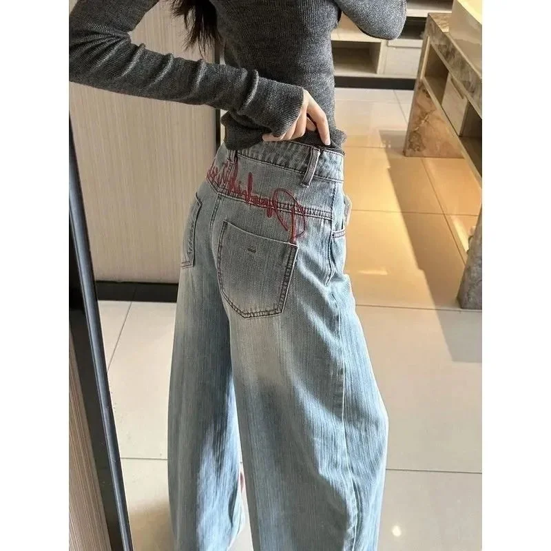 

Y2k American Light Blue Loose Jeans Women's Red Stitch Embroidered High Waist Wide Leg Jeans Street Casual Fashion Loose Pants