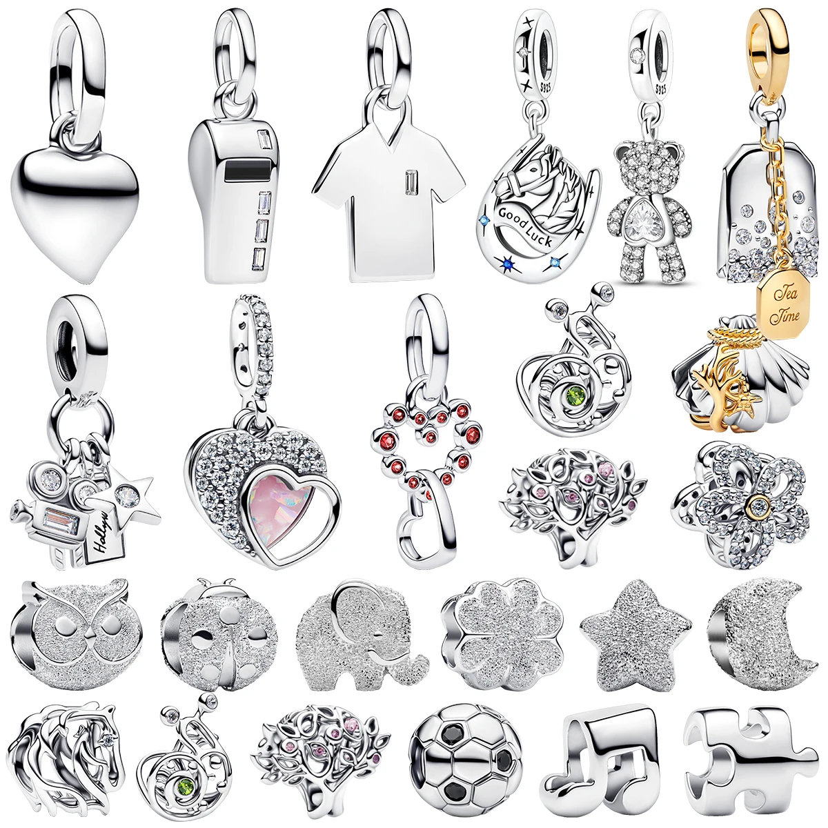 New 925 Sterling Silver Charms Heart Whistle Bear Camera Owl Star Moon Soccer Music Note Puzzle Pendant Fit Bracelet DIY Jewelry