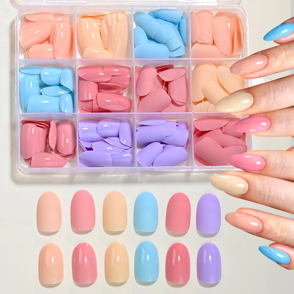 288 stks/doos Dopamine Romige Kleuren Druk op Nagels Halflange Amandel Leuke Nep Nagels Glanzend en Matte Effen Kleur Valse Tips set #