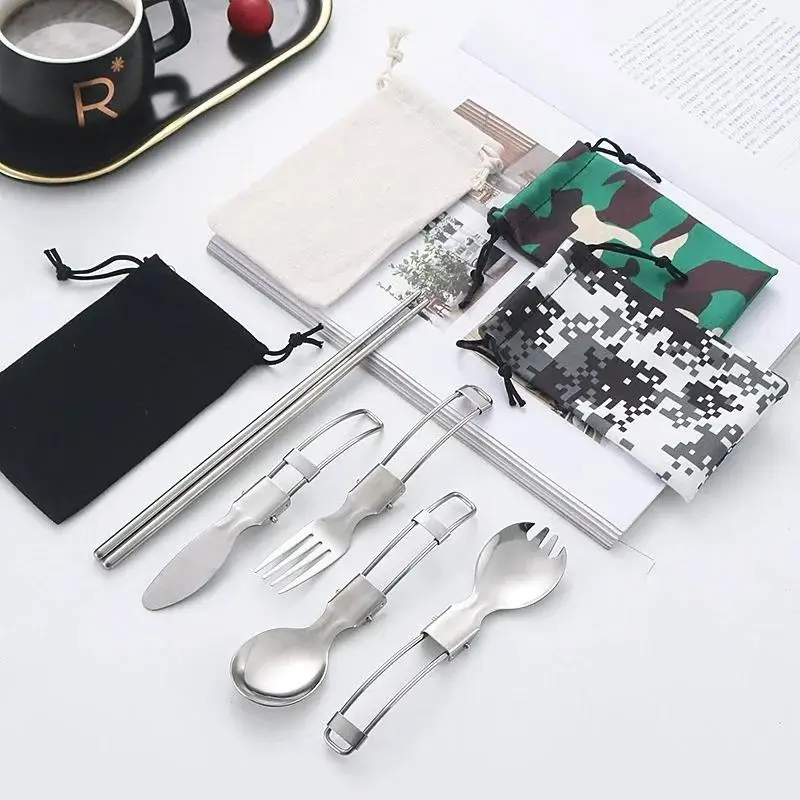 

Creative Folding Design Outdoor Portable Picnic Tableware Set Stainless Steel Folding Salad Spoon Fork Chopsticks Kitchen Tools