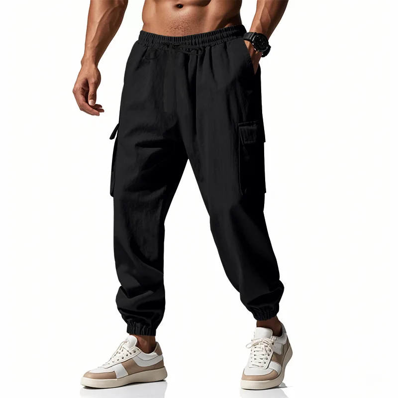 

Mens Trousers Spring Autumn Casual Pants Loose Fit Multi Pocket Straight Leg Cotton Linen Blend Closed Placket Tether