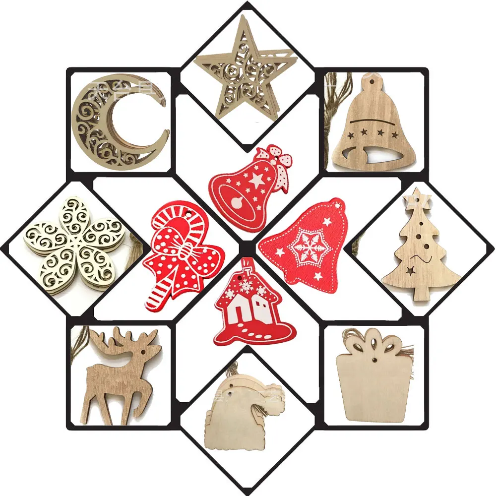 Snowflake Wooden Pendant Christmas Tree Hanging Craft Wood Chips Merry Xmas Home Party Decor Kids DIY Crafts Painting Ornaments