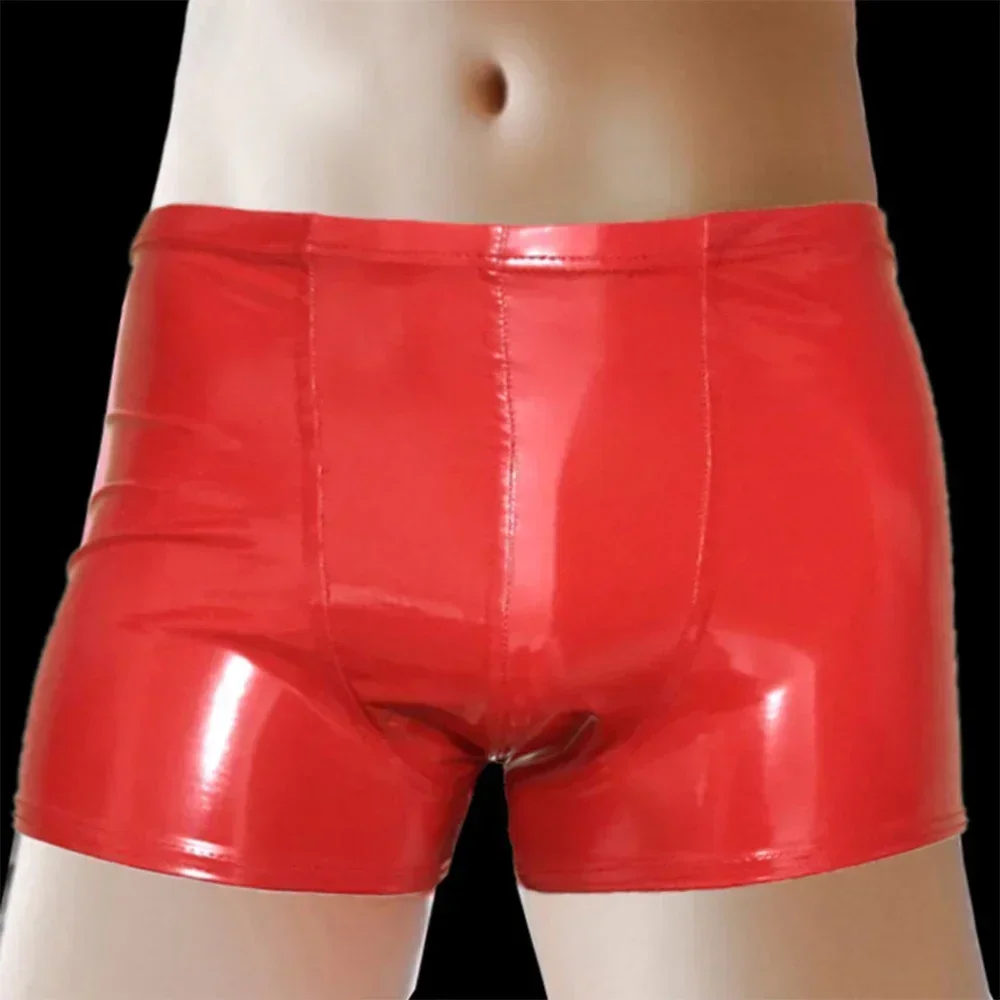 Boxershort erkekler şort kısa külot yüzük şık Wetlook lateks erkek Faux deri kısa iç çamaşırı boyutu L 4XL