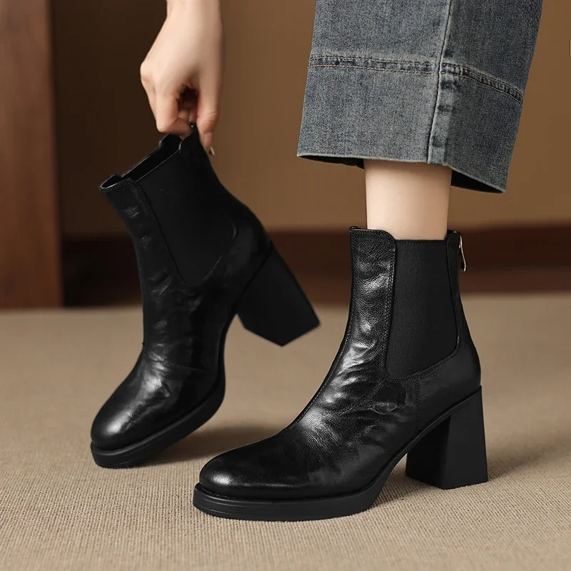 2026 new autumn winter women ankle boots natural leather plus size 22-25cm sheepskin+wool thick heel back zip chelsea boots