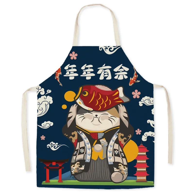 Japanese-style Linen Cartoon Japanese Style Cat Household Apron Kitchen Oil-proof Housework Cleaning Waist Sleeveless Cover