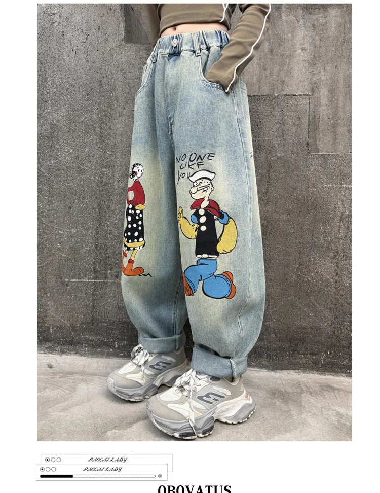 Frühlings-Kinder-Retro-Jeans in Blau mit Marken-Cartoon-Print für Mädchen, Lässige, Lose, Gerade Geschnittene Denim-Hose, Kinderhose mit Hoher Taille – Detail 4