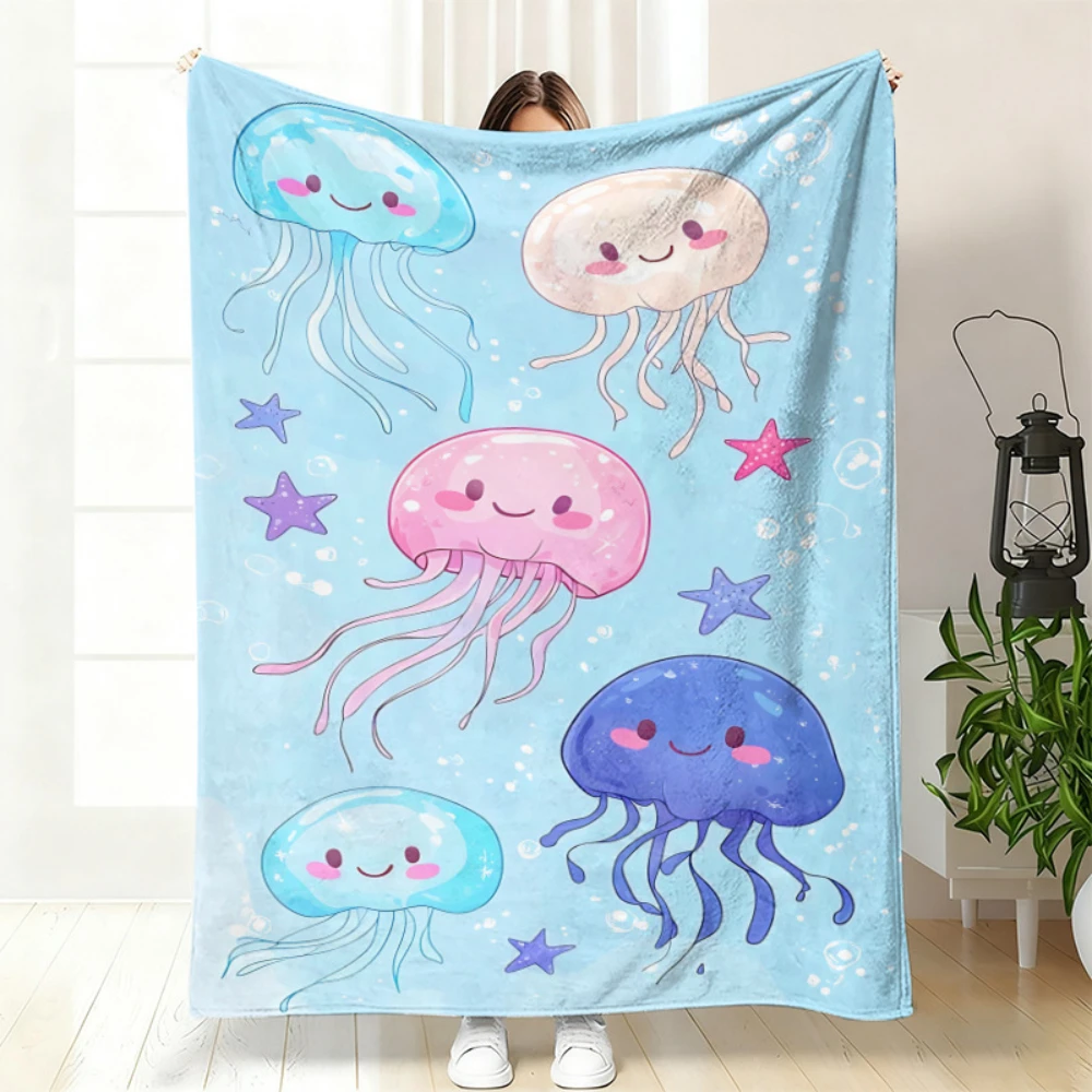 Cute Jellyfish Starfish Ocean Print Throw Blanket bedroom reading sofa Blanket rest nook courtyard Birthday Anniversary gifts