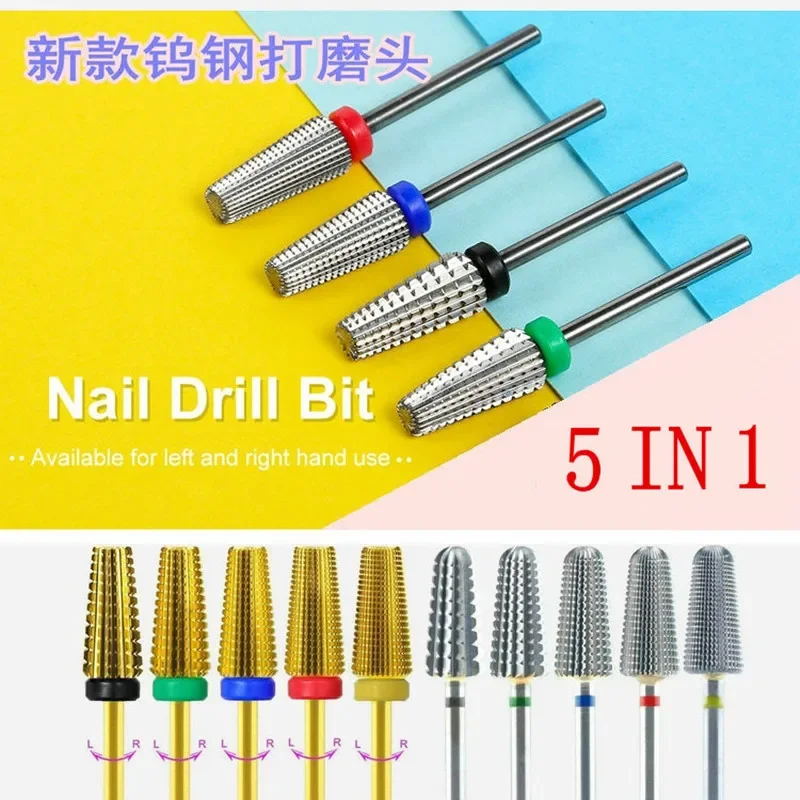 New 5in1 Tapered Carbide Nail Drill Bits Two-Way Carbide Bit Drill Accessories Milling Cutter For Manicure Shank Diameter2.35mm