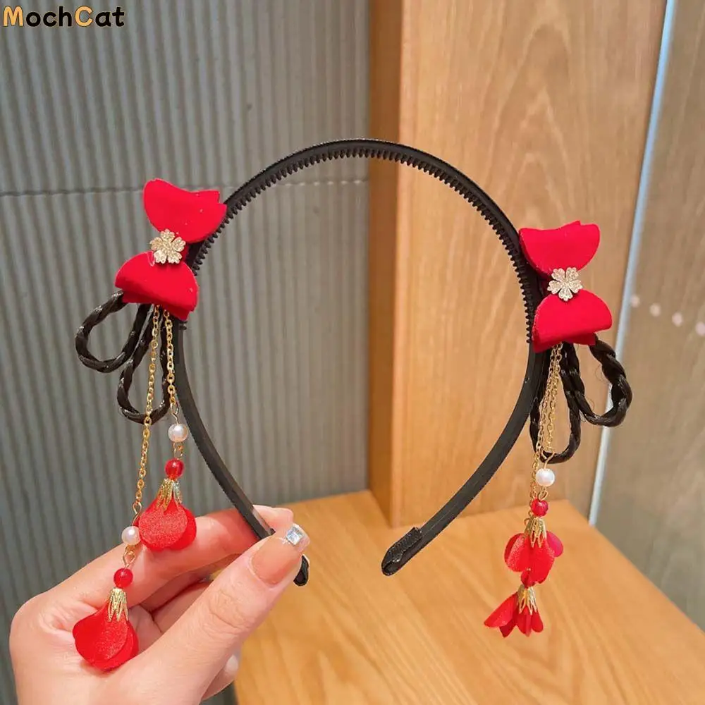 

Cute Pearl Bow Girls Pigtail Wig Flower Children's Headband Chinese Style Hair Band Hanfu Hair Hoop New Year Headress