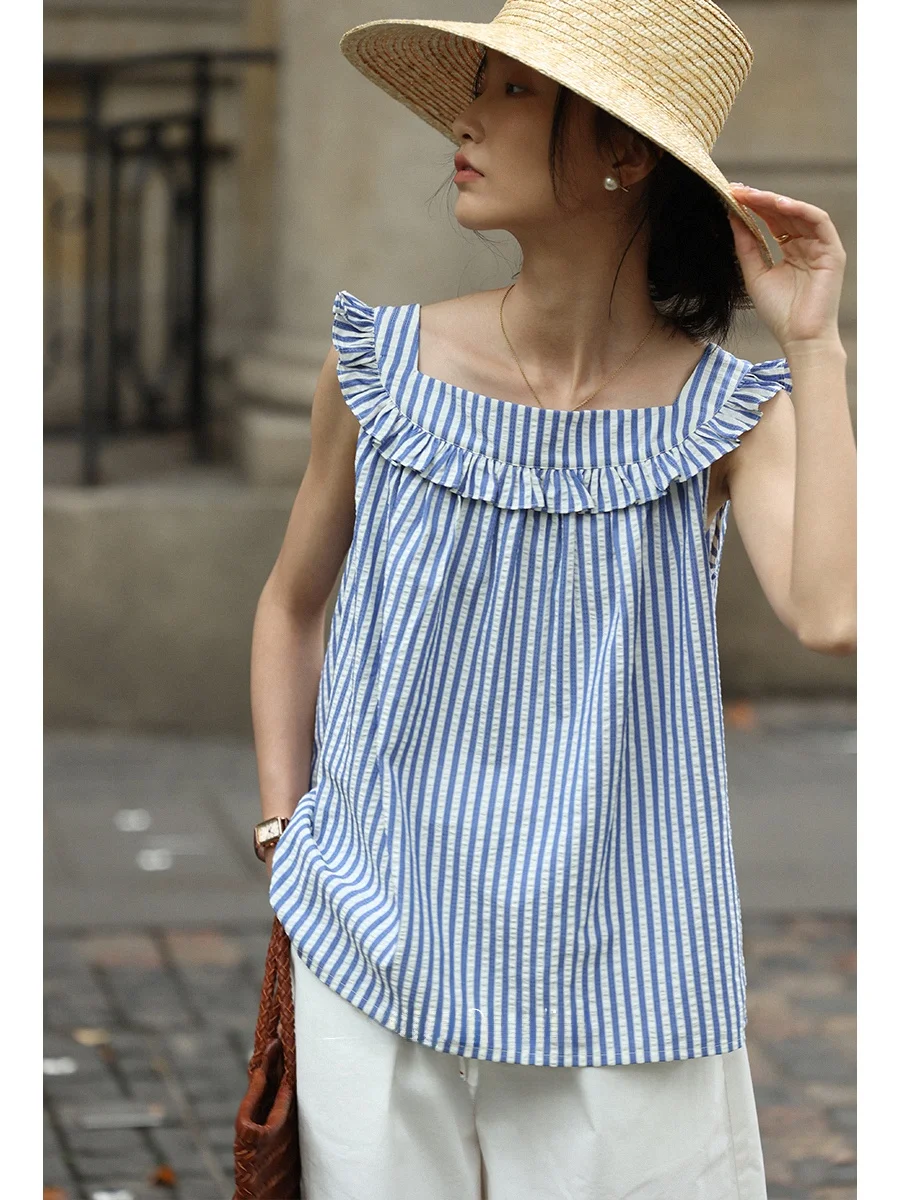 

Summer 2024 Blue Striped Loose Strapl T-irt Women's Original Design Pleated Lace Trim Svel Vest Top Casual Wear