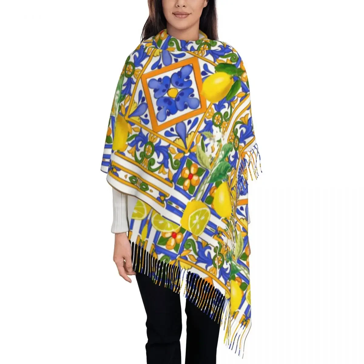 Custom Printed Mediterranean Summer Fruit Lemons Tiles Scarf Women Men Winter Warm Scarves Shawl Wrap