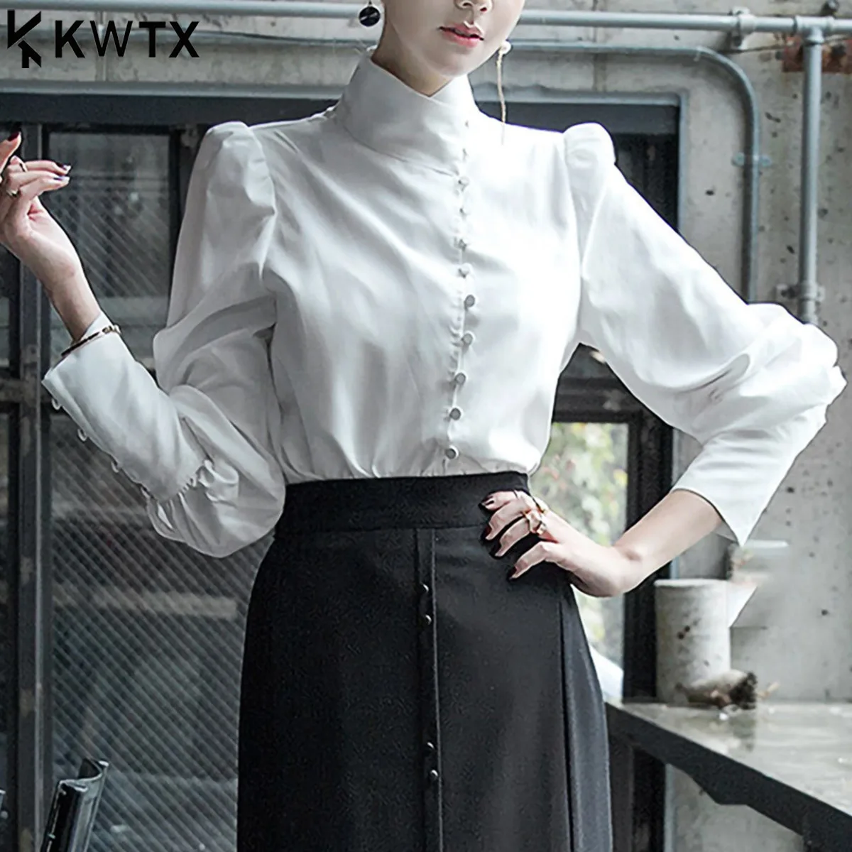 

KWTX Women’s Premium Gray Asymmetric Placket Multiple Buttons Puff Sleeve Office Shirt Slim Fit Blouse 2026