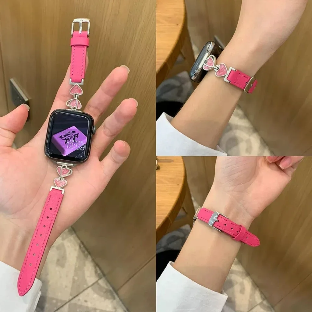 Отличная кожаная петля в форме сердца для Apple Watch, женский ремешок 10/9/8/7/6/5/4/3 SE, 38 мм, 40 мм, 41 мм, 42 мм, 44 мм, 45 мм, 46 мм, 49 мм, ремешок