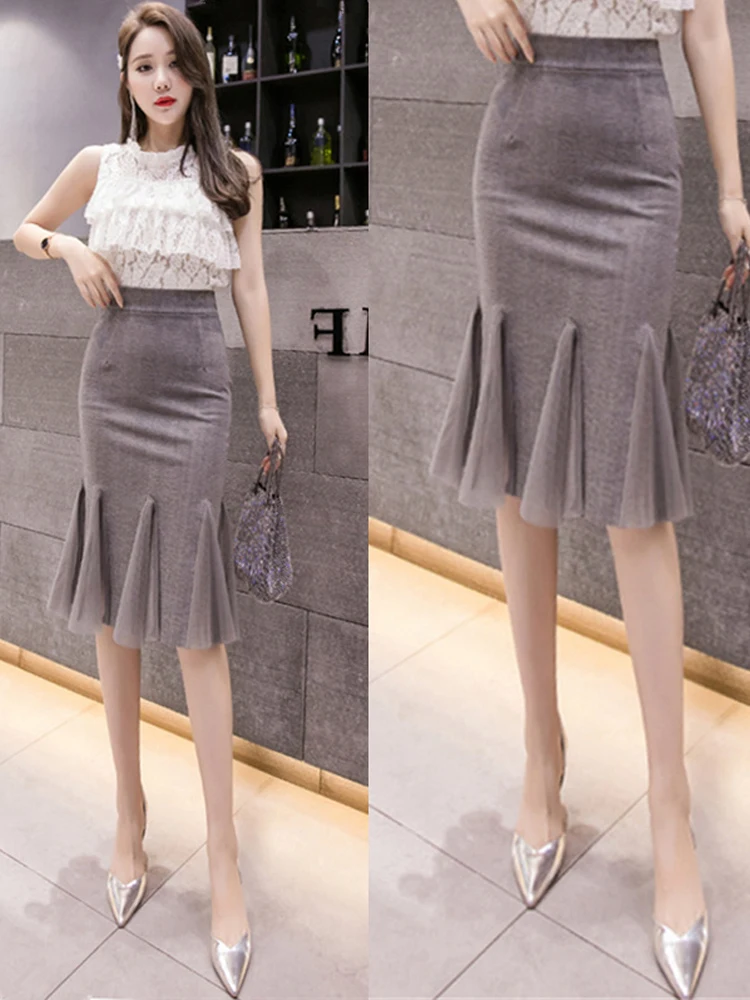 

Women Mermaid Skirts Sexy MeshStitching Stretch High Waist Vintage Office Lady Wrap Hip Skirts