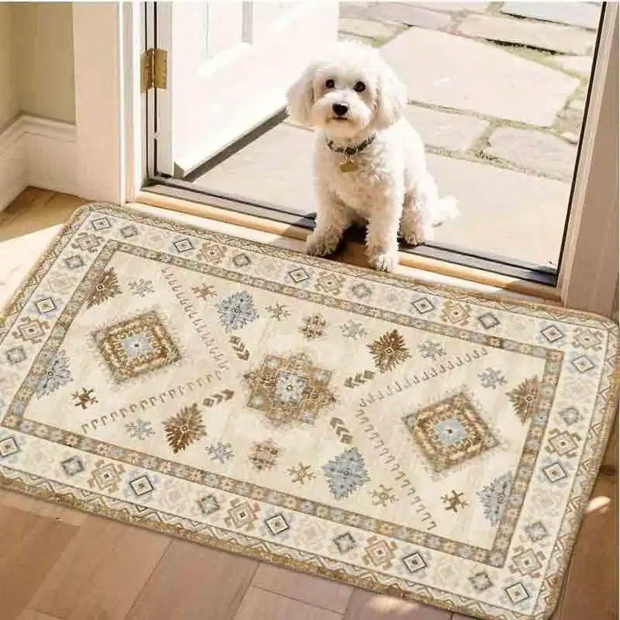 1pc Flannel Floor MatBoho Geometric Print Rectangular Area Rug Vintage Inspired Soft Cream Neutral Floor Mat For Living Room Bedroom EntrywayNon-Slip, Machine