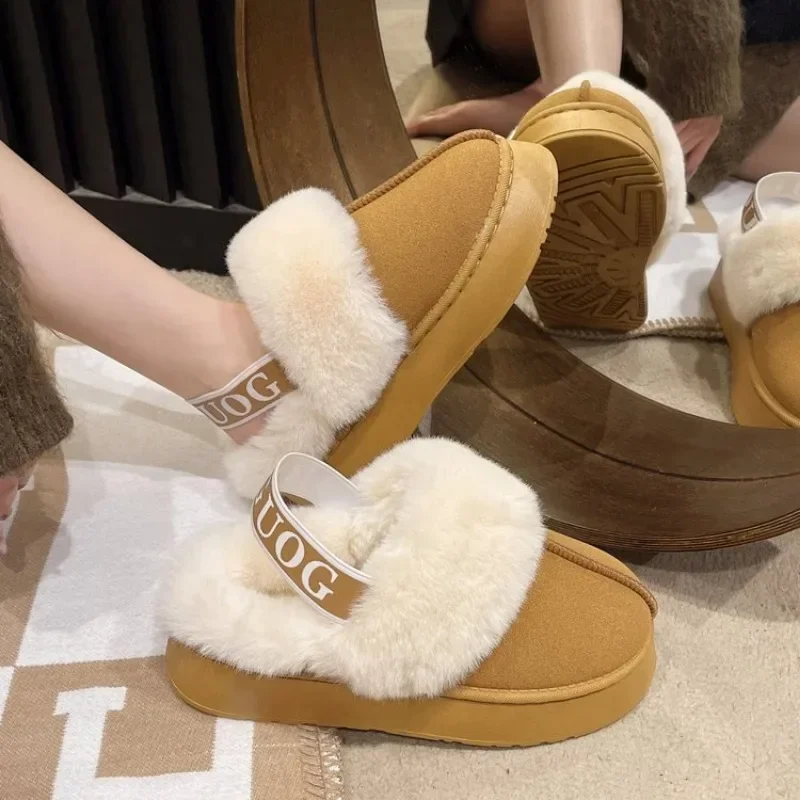 Fashion thick-soled women\'s slippers casual home suede fur warm open-heel flip-flops uggs brand plush cotton slippers flat shoes