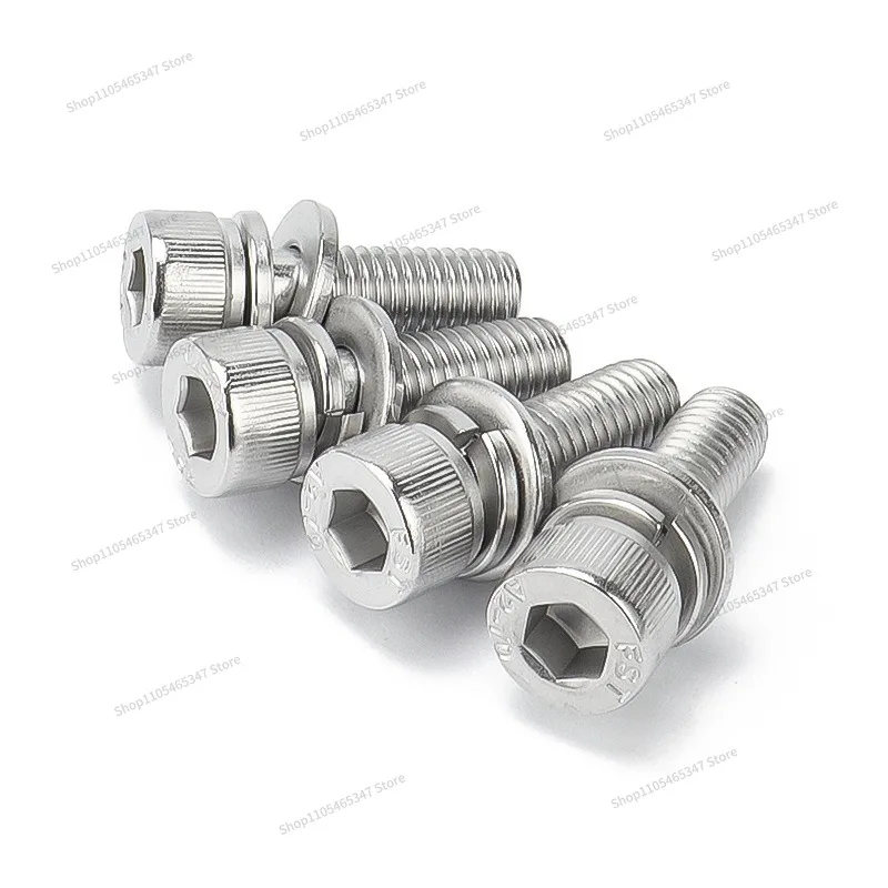 For 304 Stainless Steel, Three Combinations, Hexagonal Screw M2-M12 Cylindrical Head, with Flat Elastic Pad Cup Head Screw