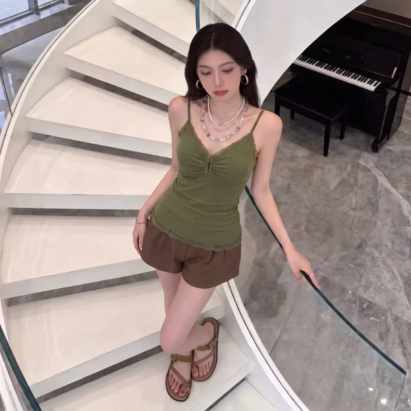 Slimming V-Neck Strapless Green Avocado Lace Trim Women's Top Korean Style Casual Fashion Summer New Arrival