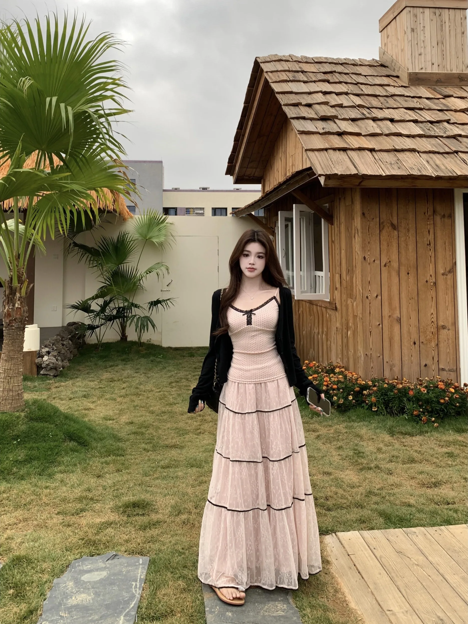 

Elegant plus Size Lace Paneling Camisole Cardigan Skirt Set Women's Spring Fashion Casual Breathable High Waist Fit Body