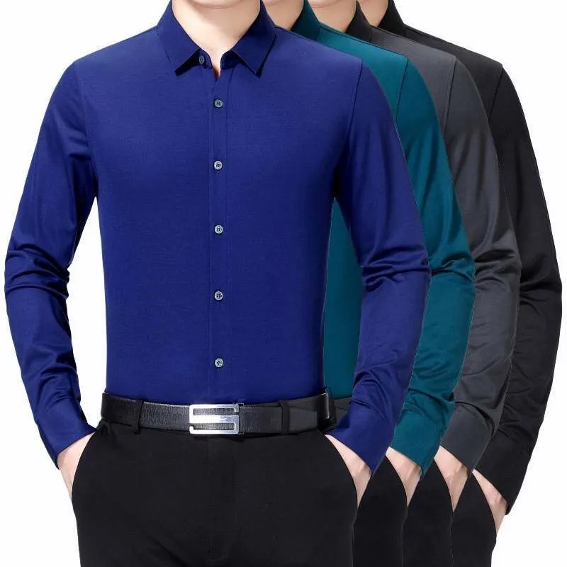 

Spring New Men's Long Sleeve Shirts Middle-aged Business Casual PU Leather Velvet Thickened Long-sleeved Pure Color Shirt