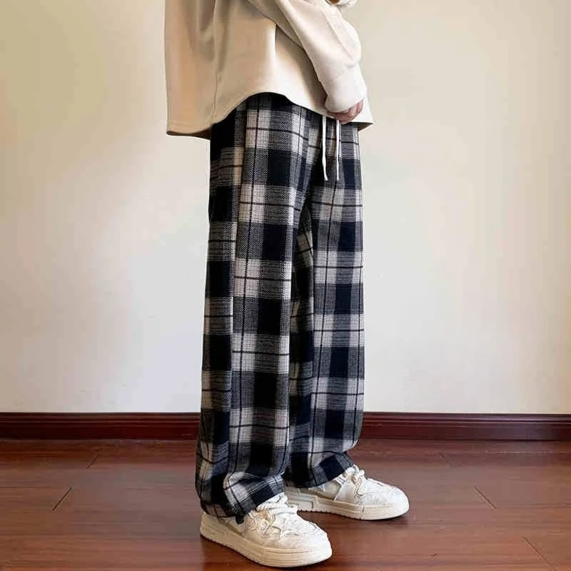 New 2026 Men Vintage Grid Pattern Pants Spring Autumn Loose Fit Straight Casual Trousers Youth Trendy