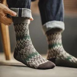 Maden Retro 3 Pairs Knitted Mid-calf Socks Ethnic Style Contrast Color Versatile Long Socks for Men's and Women's Autumn Socks