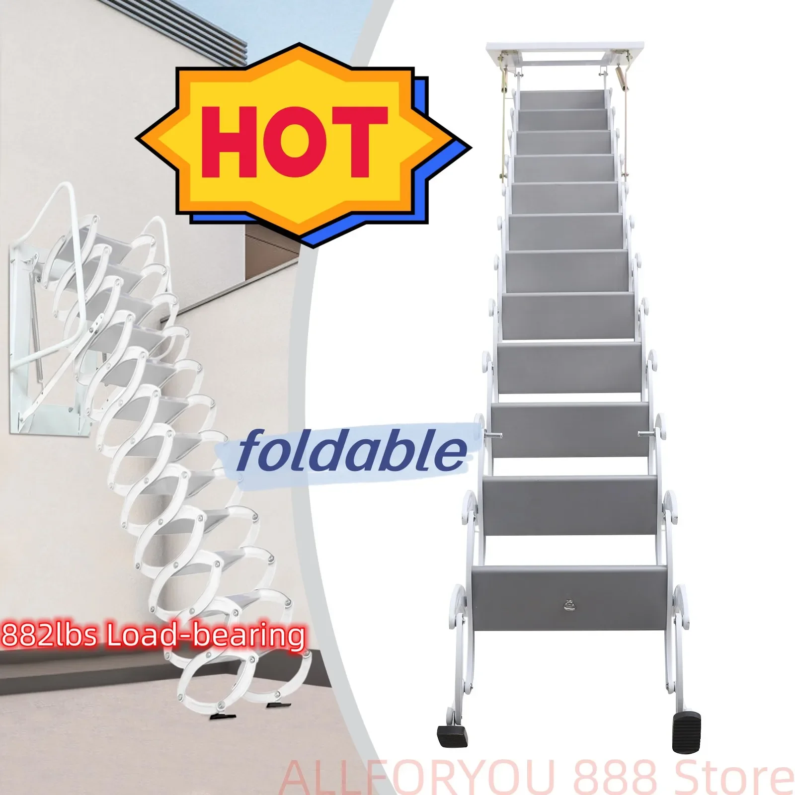 

12-Steps Wall Mounted Folding Ladder 882 lbs Load-bearing Loft Stepladder For Indoors And Outdoors