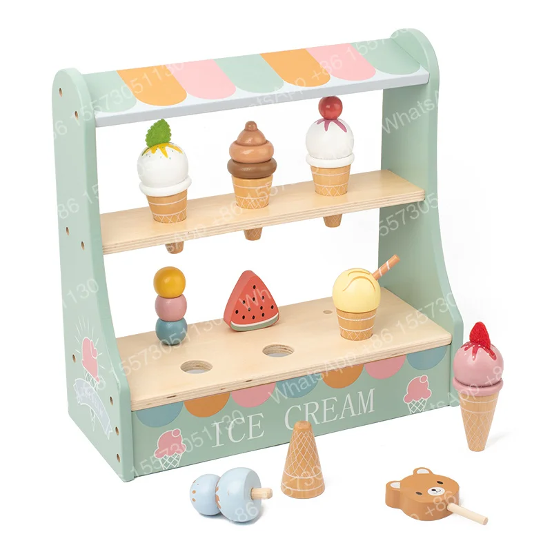2024 HX Unisex Kitchen Play Food Set Simulated Ice Cream Stand Popsicle Rack Afternoon Tea Theme Wood for Kids' Toy Store