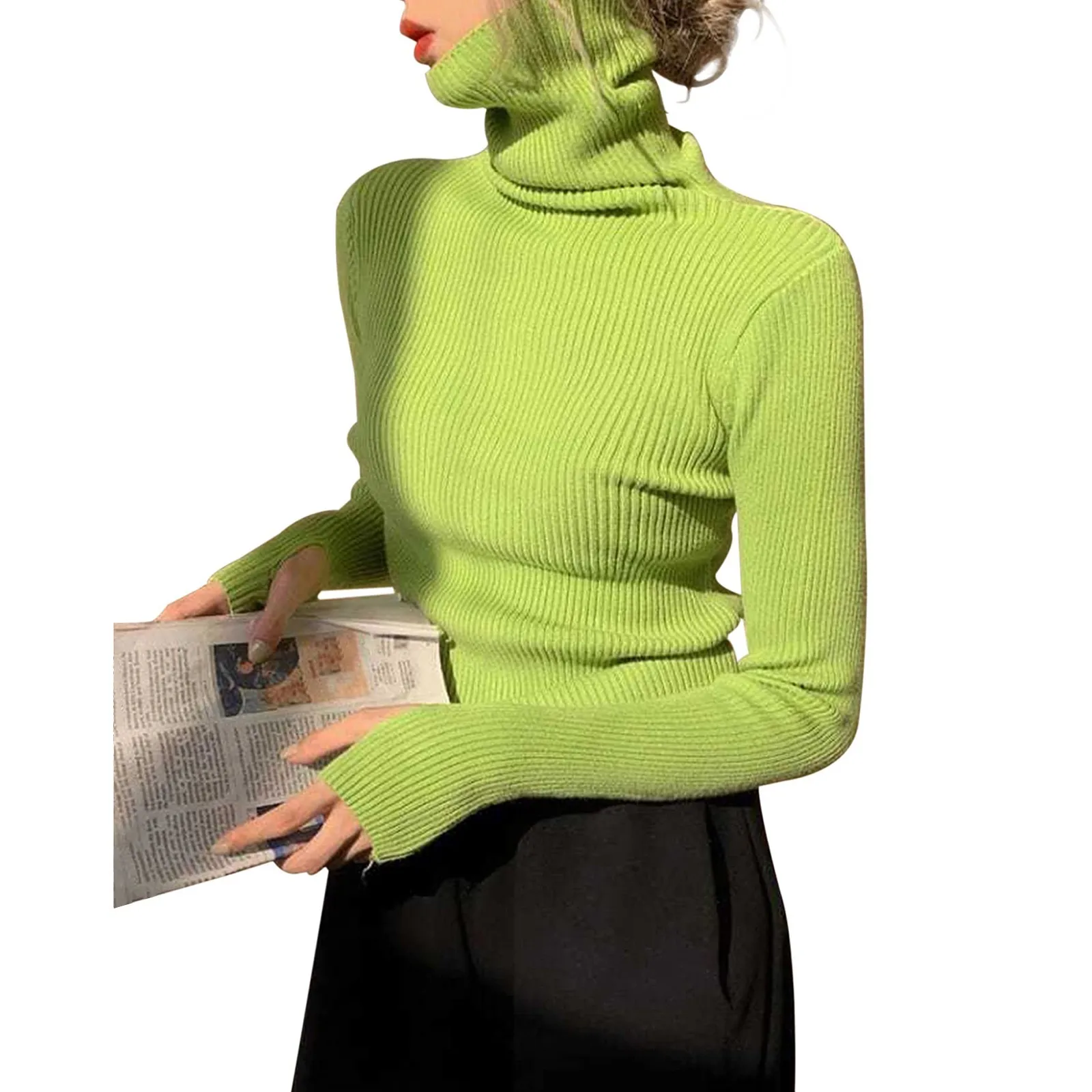 Women Knitted Sweater Pullover Turtleneck Ribbed Knit Sweater Tops Thumb Hole Long Sleeve Mock Neck Solid Slim Fit Casual Jumper