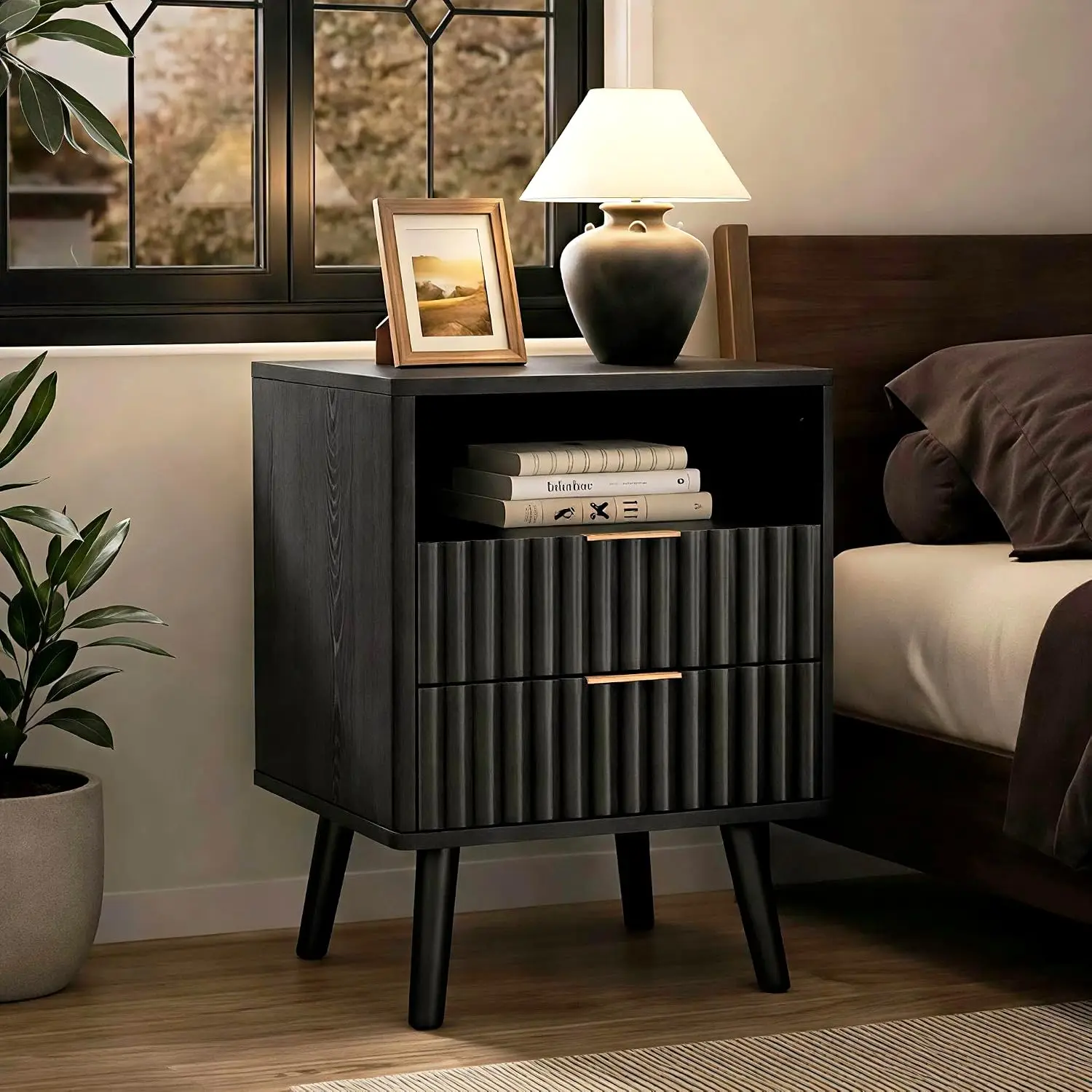 Fluted Wood Nightstand With 2 Drawers & Open Storage, Mid-Century Modern Side Table For Bedroom Living Room, Black, Customized