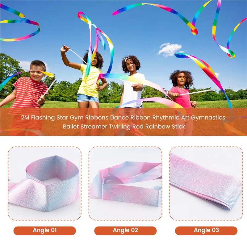 【Flash Sale】2M Flashing Star Gym Ribbons Dance Ribbon Rhythmic Art Gymnastics Ballet Streamer Twirling Rod Rainbow Stick