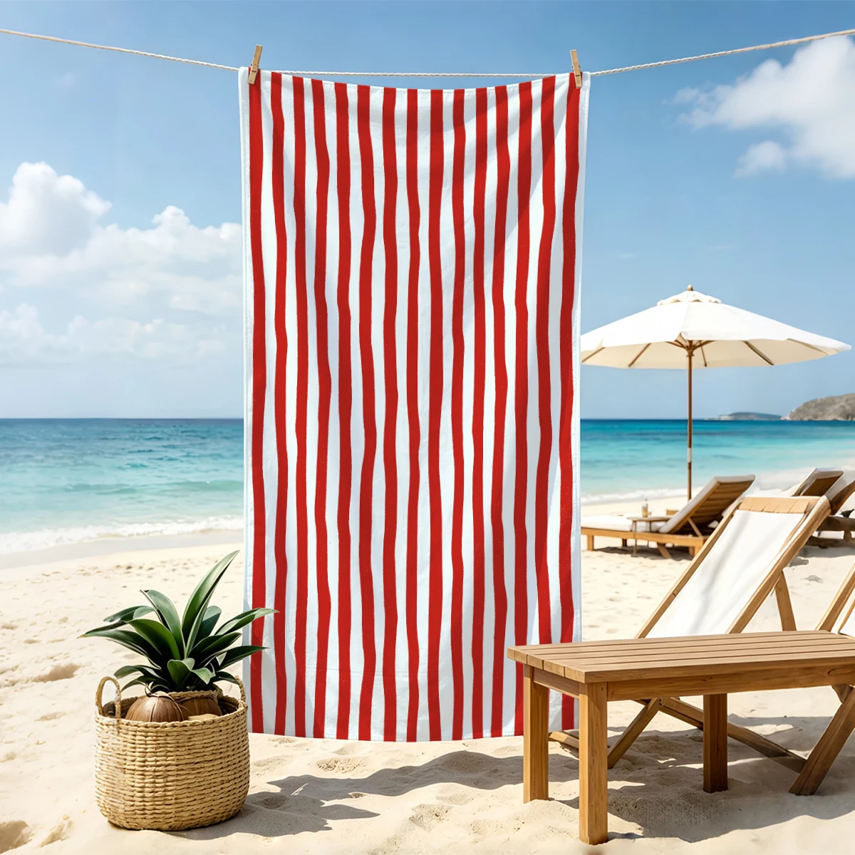 1pc Simple Red Striped Beach Towel, 250gsm Ultra-Fine Fiber Bath Towel, Essential Gift for Camping and Vacation Beach Towel