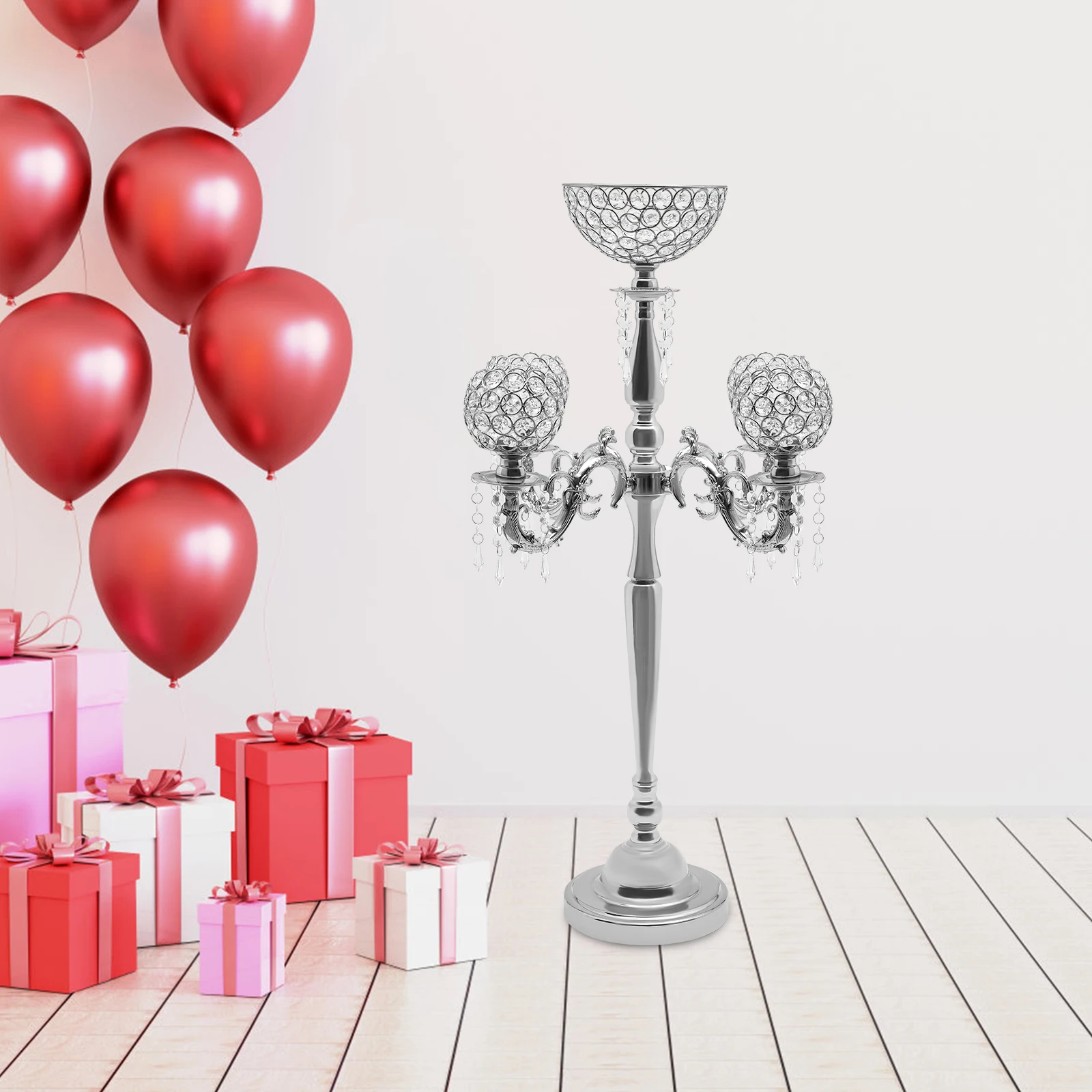 35In Silver 4-Arm Crystal Candelabra with 1-Arm Vase -Candle & Floral Holder, Centerpiece Decor for Wedding,Halloween, Christmas