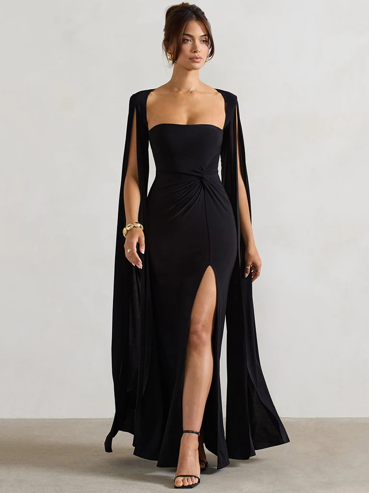 Mozision Long Cape Sleeve Split Maxi Dress For Women Gown Fashion Solid Square Collar Evening Sexy Long Dress Elegant New