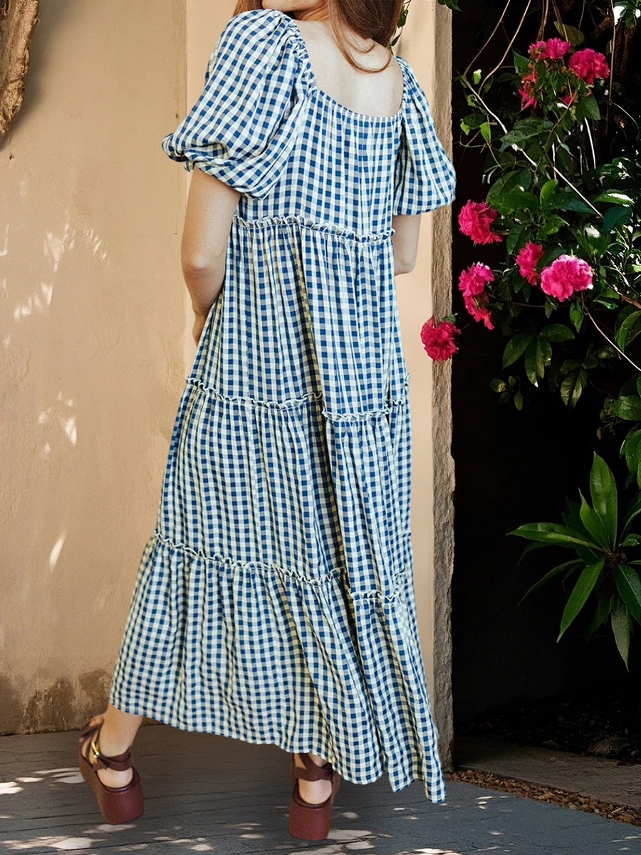 Abito da donna con stampa scozzese Boho Abito casual a trapezio con maniche corte a sbuffo e collo quadrato Abito lungo e fluido