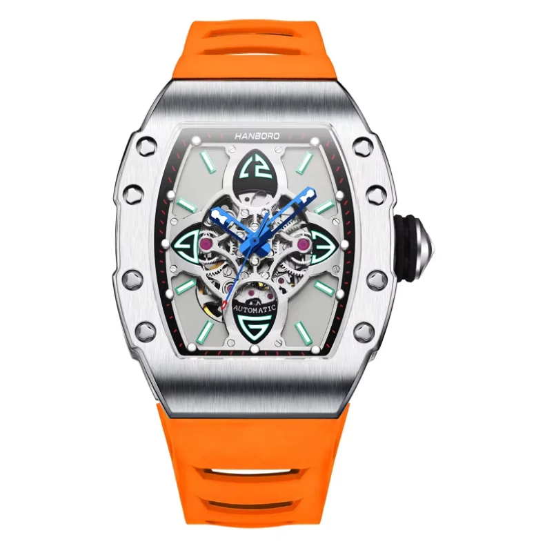 HANBORO Men Automatic Watch Tonneau Mechanical Wristwatch Luminous Skeleton Clover Dial Waterproof Sapphire Mirror Miyota 8N24