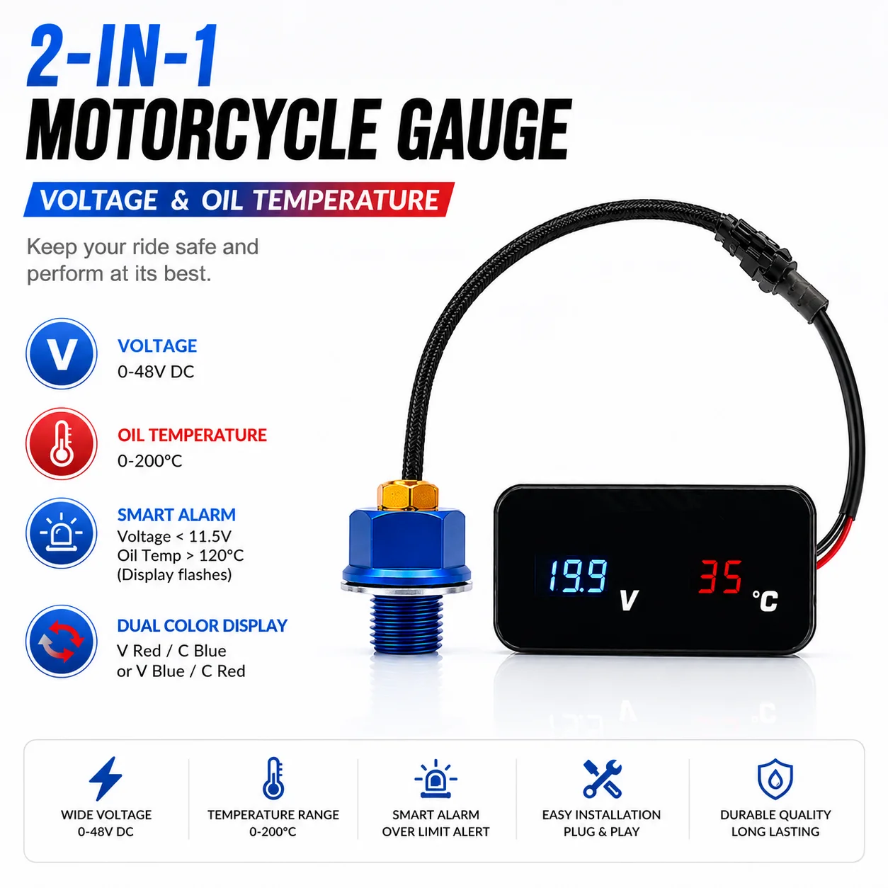 KOSO Universal  2 in 1 Motorcycle Digital Oil Temperature Voltage Gauge Mini LED Square Meter for NMAX XMAX PCX Scooter ATV Bike