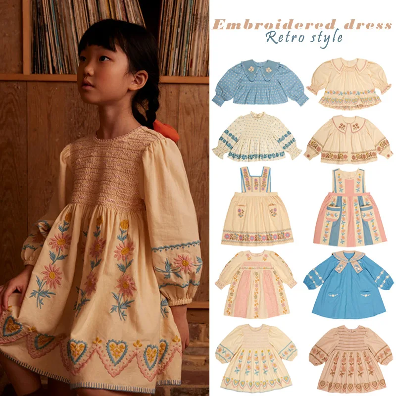 Girls' Dress 2025 Fall/Winter New Arrival Printed Fashion Embroidered Gathered Children's Dress Pure Cotton Cute Girls' Shirt